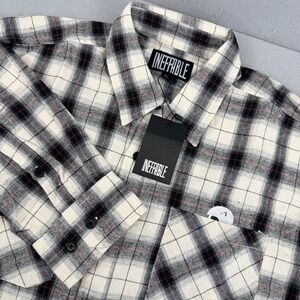 NWT Ineffable Shirt XL Plaid Flannel Cream Black Skeleton Embroidered Streetwear